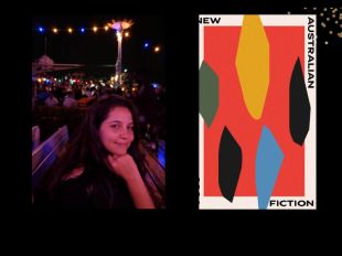 Two panels. On the left is editor Suzy Garcia. She has long brown hair and is smiling, holding her hand to her chin. There are lights behind her. On the right is the cover of the book, 'New Australian Fiction 2024.' It has an orange cover will bits of yellow, green and black shapes.