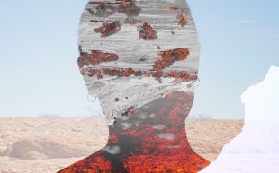 Jahkarli Felicitas Romanis, ‘Burnt’ (cropped) as part of ‘Dis(connected) to Country’. Photo: Supplied. A photographic work showcasing the portrait with no facial features, overlayed with the red desert landscape.