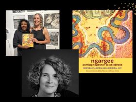 3 separate panels. On the top left is of Frances Edmonds and Maree Clarke in black holding onto their book. Below them in a separate photo is Sabra Thorner in black and white. On the right is the cover of their book,'ngargee', which is yellow and has a winding blue illustration running through it.